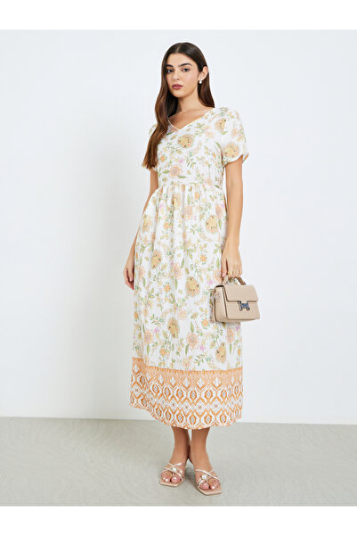 Styli Women Orange Floral Print A-Line Midi Dress