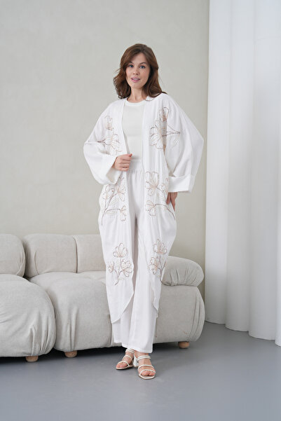 Miss Allos Women's Front Embroidered Beaded Linen Kimono Cardigan and Pants T...