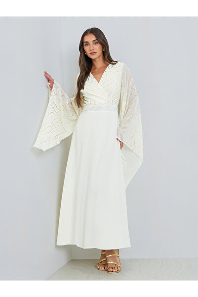 Styli Women Cream Bell Sleeves A-Line Maxi Dress