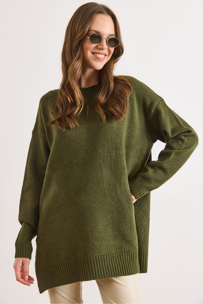 Olalook Women's Khaki Boat Neck Slit Washable Knit Sweater Kzk-19000714