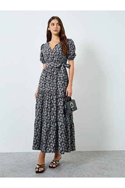 Styli Women Black Leaf Print Wrap Maxi Dress