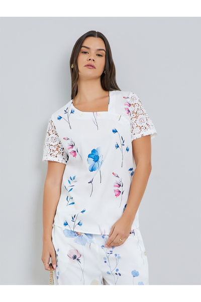 Take Two By Styli Women's Floral Printed Irregular Neck with Button Short Sle...