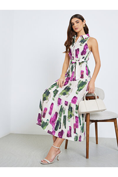 Styli Women Brushstroke Print Sleeveless Shirt Maxi Dress