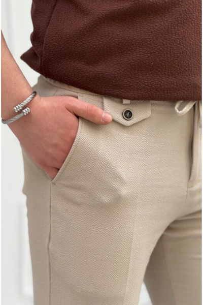 Stylo Men Erkek Krem Renk Gofre Kumaş Slim Fit Jogger Pantolon