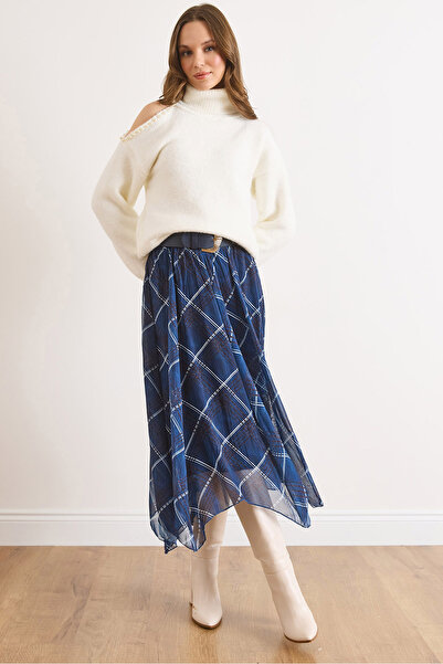 Olalook Kadın Lacivert Astarlı Eteği Asimetrik Ekose Çan Tül Etek ETK-19000384