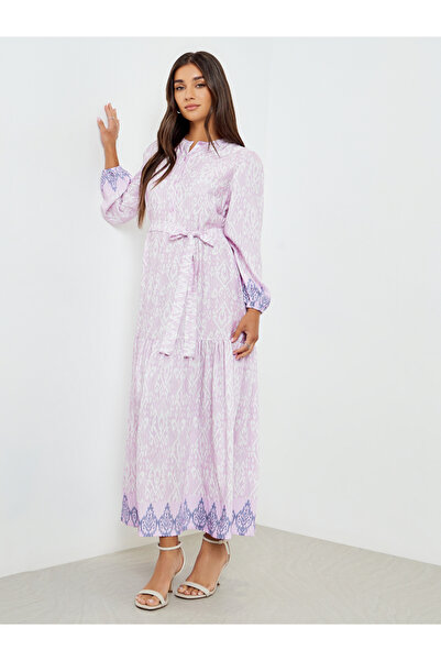Styli Women Lilac Printed Long Sleeves A-Line Maxi Dress