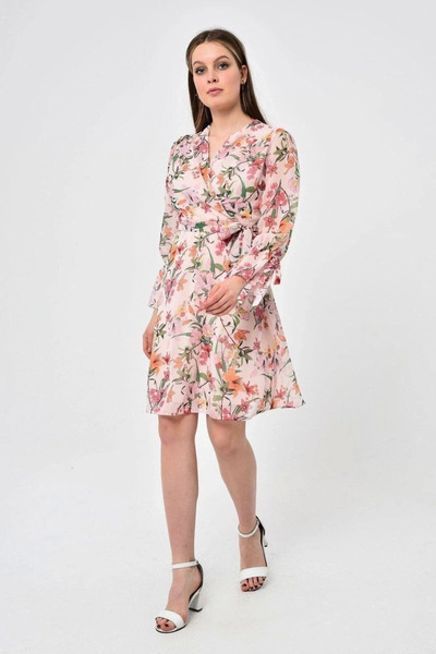 Astra Plus Women's Floral Patterned Beige Chiffon Midi Dress with Tie Detail ...