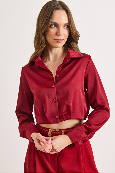 Olalook Women's Burgundy Skirt with Pencil Crop Satin Shirt Gml-19001425