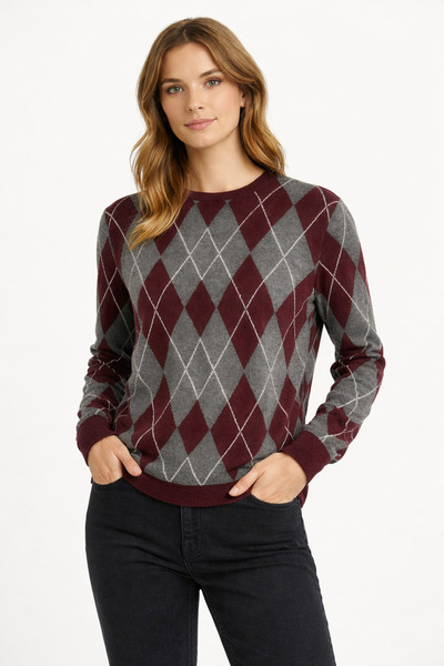 MIRENNA Baklava Patterned Long Sleeved Tricot Sweater Standard Size Comfortab...