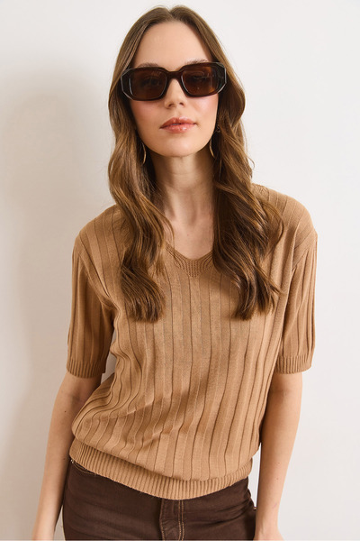 Olalook Women's Camel V-Neck Thick Ribbed Knitwear Blouse Blz-19003208