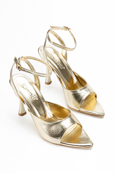 RİSSOLİ Women's Gold Pointed Toe Ankle Strap Detailed Heeled Sandals