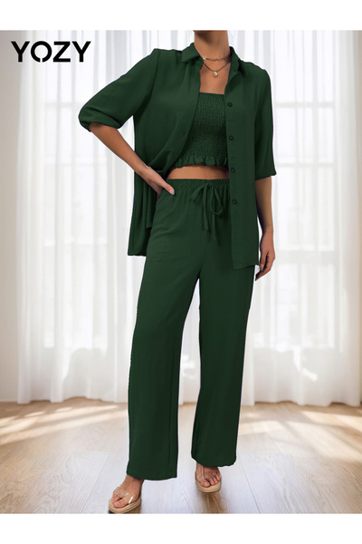 Take Two By Styli Pack of 3 - Bandeau Top, Short Sleeve Shirt and Pants Co-Ords