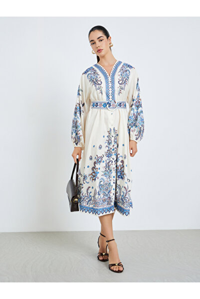Styli Women Bohemian Printed Belted Shirt Midi Dress