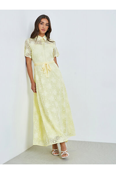 Styli Women Yellow Lace Shirt Maxi Dress
