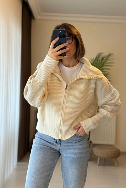 Kubos Moda Balloon Sleeve Collar Detail Beige Cardigan