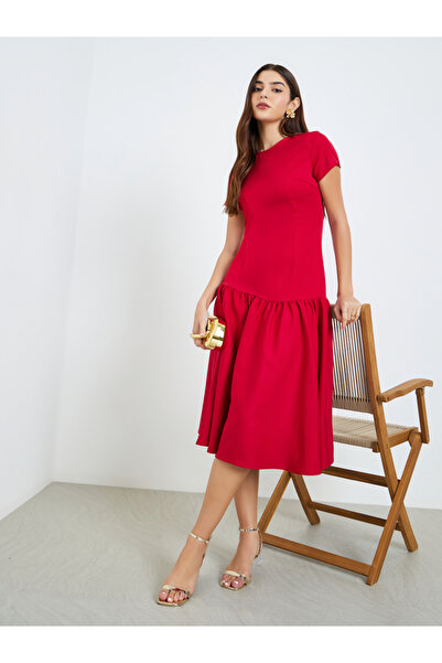 Styli Women Red Short Sleeves A-Line Midi Dress
