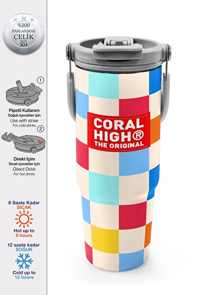 Coral High Multicolored Checkerboard Patterned Steel Thermos with Straw and D...