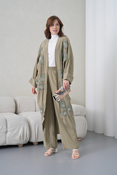 Miss Allos Women's Front Embroidered Beaded Linen Kimono Cardigan and Pants T...