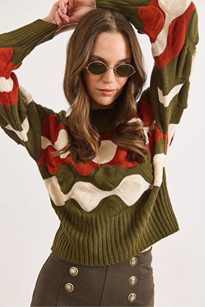 Olalook Women's Khaki Textured Color Detailed Knitwear Sweater Kzk-19001153