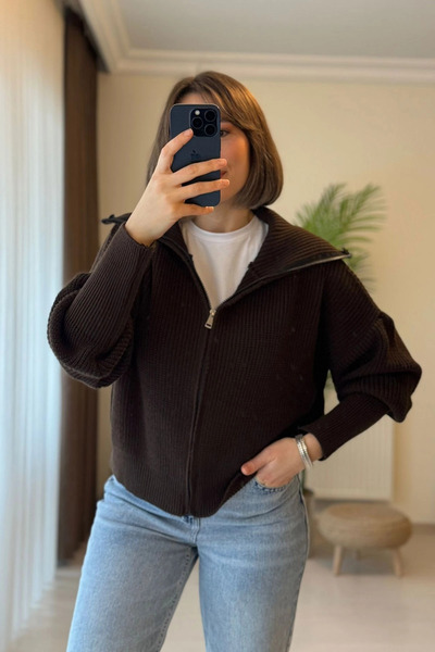 Kubos Moda Balloon Sleeve Collar Detail Brown Cardigan