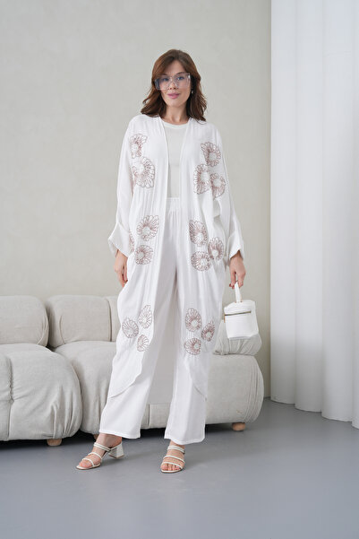 Miss Allos Women's Front Embroidered Beaded Linen Kimono Cardigan and Pants T...
