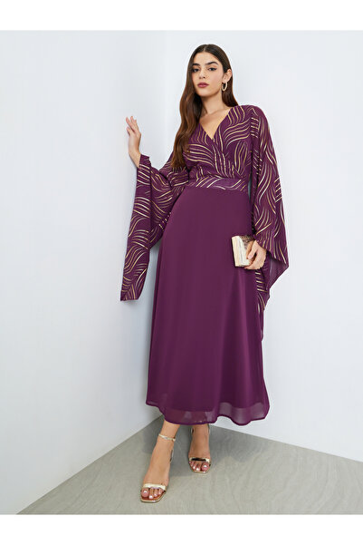 Styli Women Purple Printed Bell Sleeve A-Line Maxi Dress