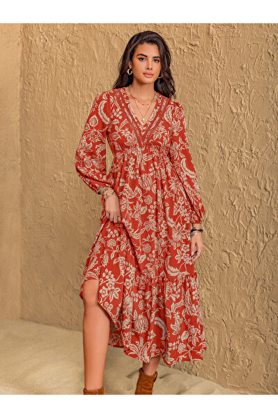 Take Two By Styli Women Rust Floral Print Tiered Midi Dress