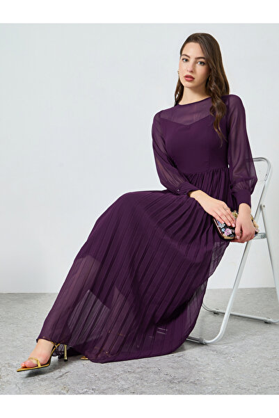 Styli Women Purple Pleated Long Sleeves Maxi Dress