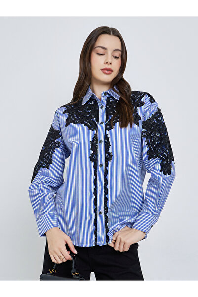 Styli Women Blue Striped Shirt with Lace Trim