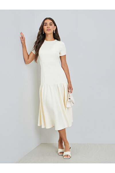 Styli فستان ميدي قصير الأكمام بتصميم A-Line للنساء، لون كريمي