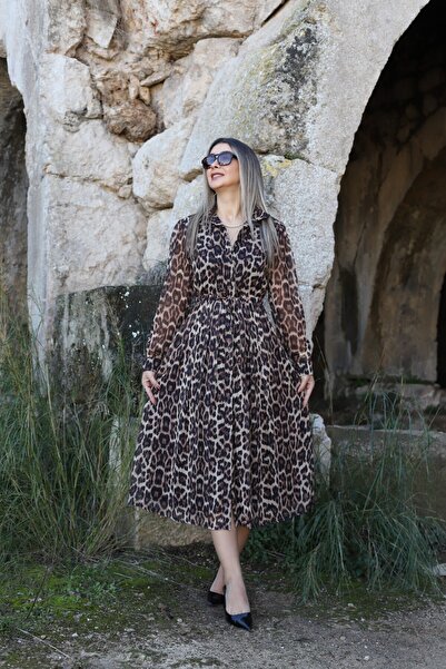 bytugcekaya Leopard Pattern Chiffon Gathered Waist Lined Shirt Dress
