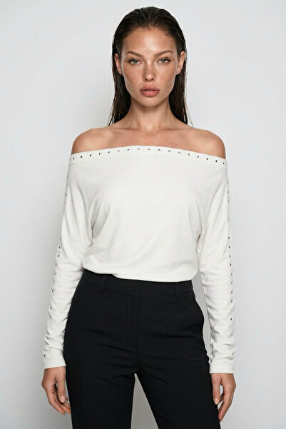 Seeh White Stone Detailed Long Sleeve Blouse Sh359
