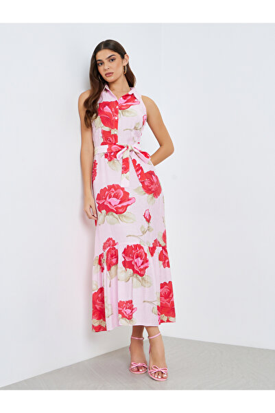 Styli Women Red Rose Print Sleeveless Shirt Maxi Dress