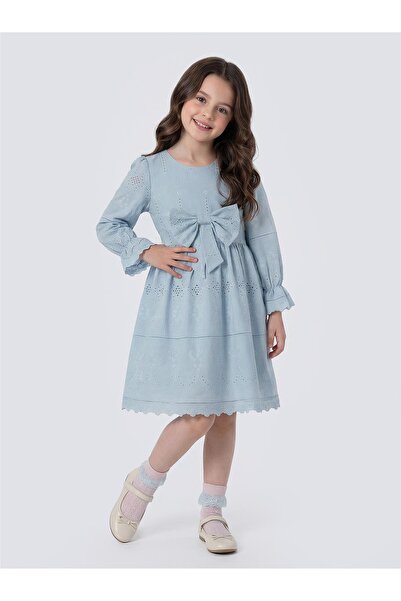 Pina Kids Girl's Long Sleeve Dress with Ribbon on the Front and Scallop Hem
