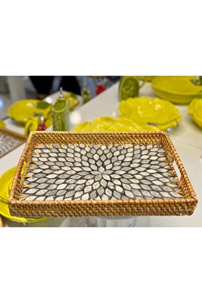 Sever ANTRASİT ÇİÇEK RATTAN SEDEFLİ TEPSİ 23X32X3CM