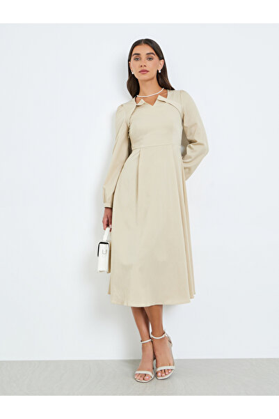 Styli Women Beige Long Sleeve A-Line Midi Dress