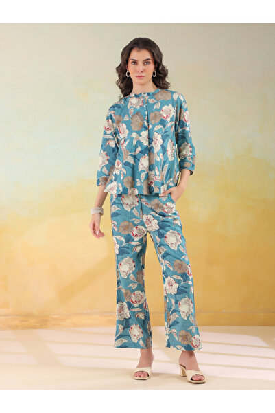 Sanskrutihomes By Styli Women Blue Color Mandarin Collar Printed Top and Trou...