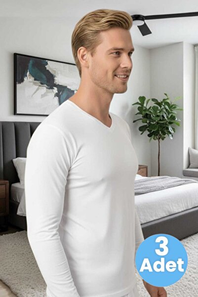Tezzgelsin Men's Combed Cotton Lycra 3-Piece V-Neck Long Sleeve Undershirt