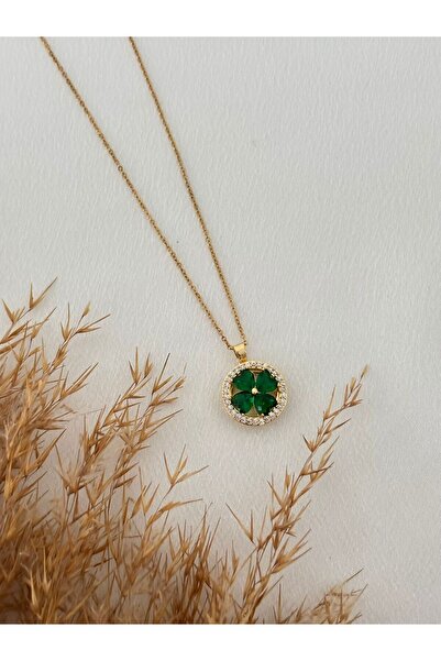 stainless steell Yeşil Yonca Dönen Çelik Kolye