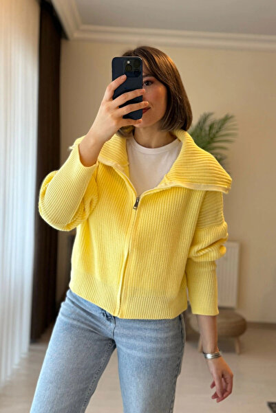 Kubos Moda Balloon Sleeve Collar Detail Yellow Cardigan