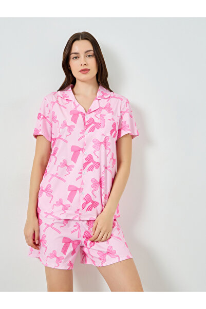 Styli Women Bow Print Buttoned Shirt and Shorts Set