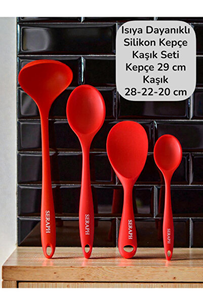 Seraph Isıya Dayanıklı Yanmaz Yapışmaz Silikon Kaşık Seti 4 Parça 28cm/22cm/2...