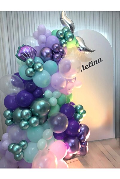 Çemrek Süs Parti Lilac Pink Mint Purple Silver Tailed Mermaid Balloon Chain S...