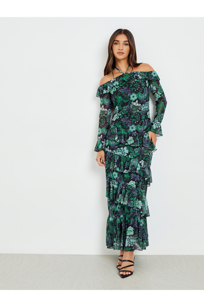 Styli Women Green Printed Ruffle Detail Maxi Dress