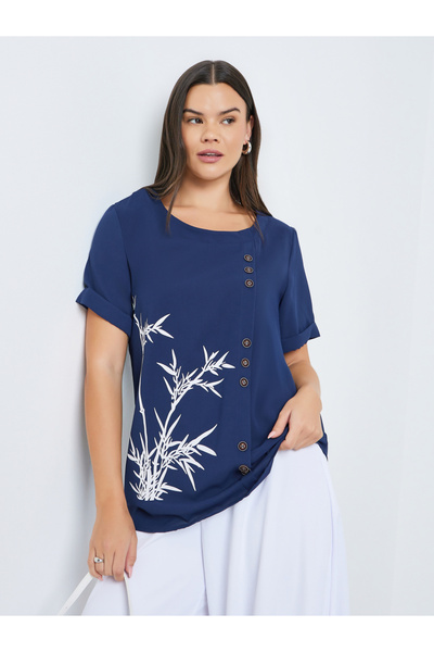 Take Two By Styli women's graphic print round neck short sleeve button detail...