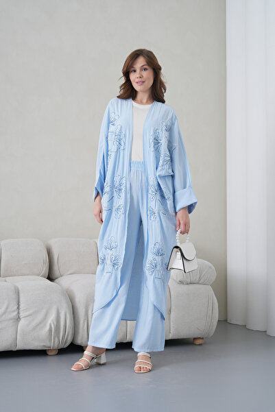 Miss Allos Women's Front Embroidered Beaded Linen Kimono Cardigan and Pants T...