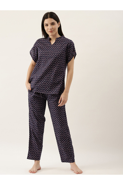 Sanskrutihomes By Styli Women Navy Blue Printed Top and Pyjama Set