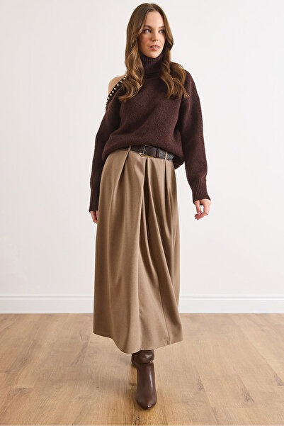 Olalook Γυναικεία φούστα με φερμουάρ και ζώνη, μάξι πλισέ, από βιζόν ETK-1900...