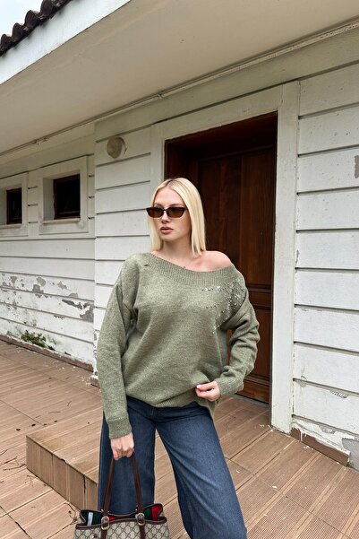lizge giyim Boat Neck Stone Detail Knitwear Sweater