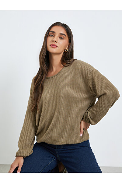 Styli Women Green Waffle Knit Oversized T-Shirt